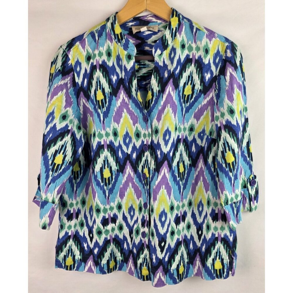 Jones New York Womens Shirt Size Petite PM Blue Linen 3/4 Sleeve Button Down Top